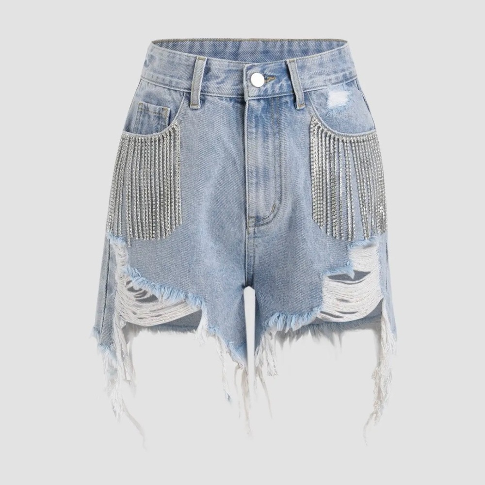 Cider Distressed Blue Jean Shorts with Fringe
